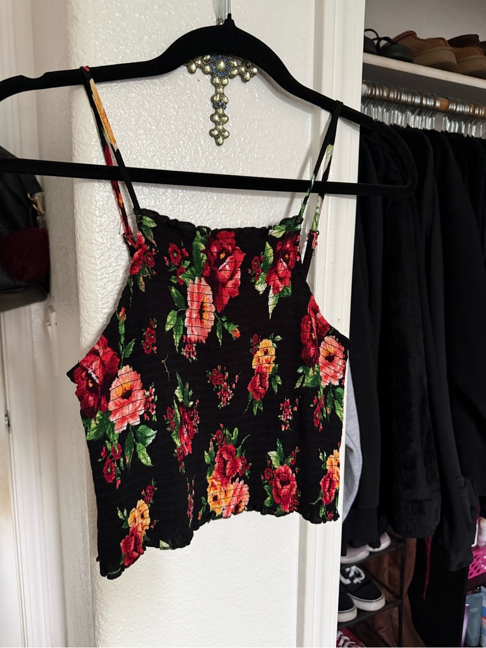 Floral Cropped Halter Top - Black with Red & Pink Roses